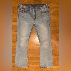 True Religion Joey Light Blue Denim Low Rise Jeans with Red Stitch Accents